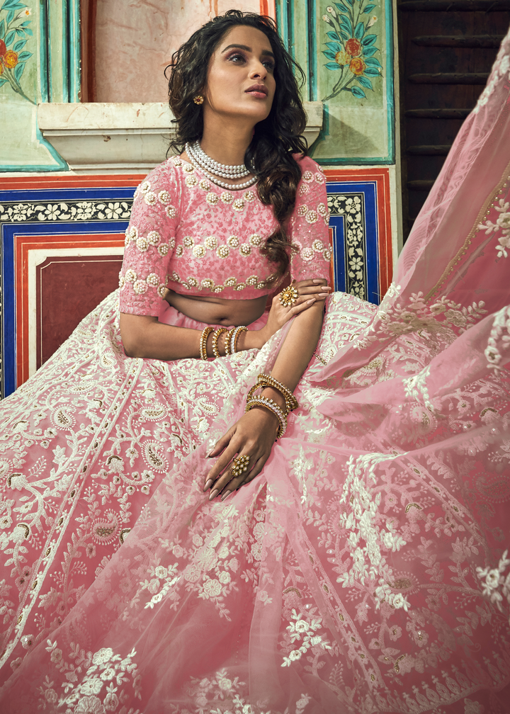 Crepe Pink Soft Net Lehenga Choli with Thread & Pearl work