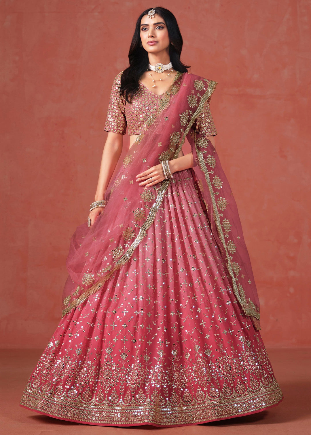 Peach Pink Georgette Lehenga Choli