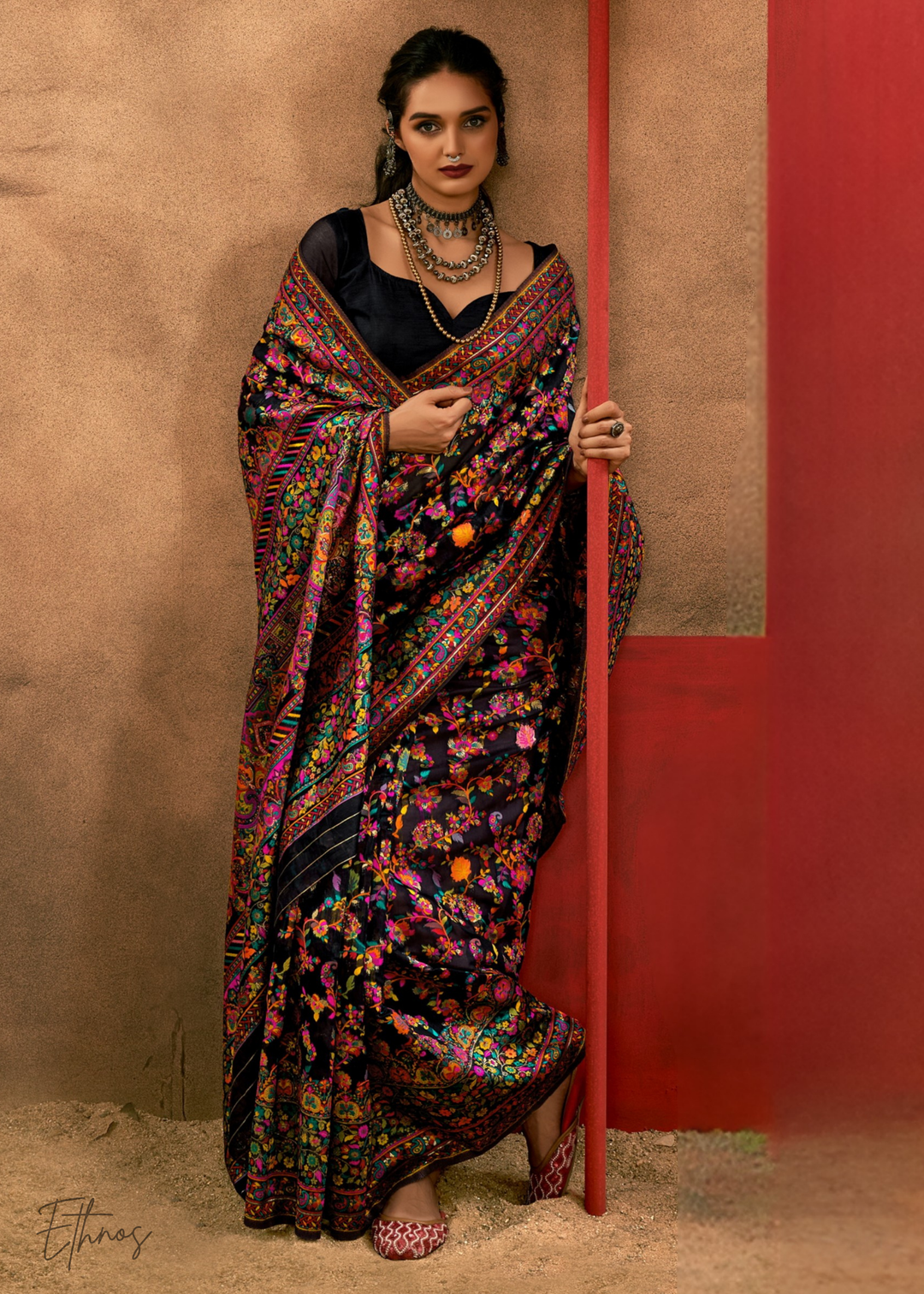 Noir Black with Multicolour Kashmiri Floral Weave Saree