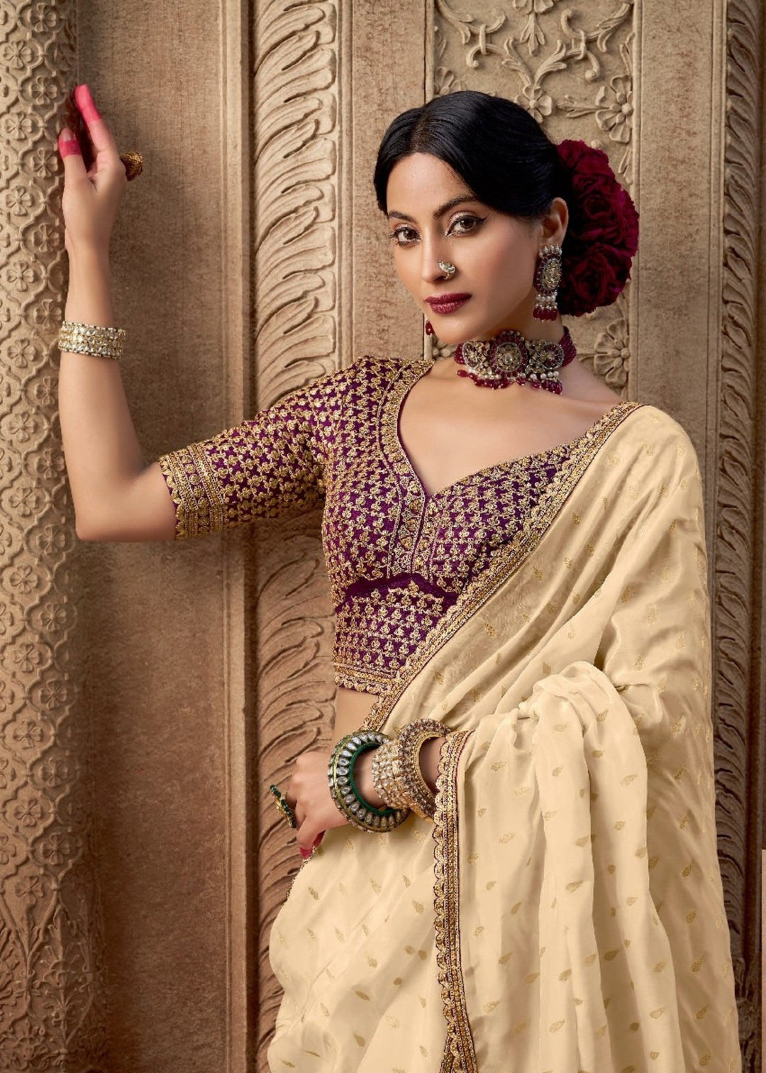 Cream Viscose Crepe Silk Saree