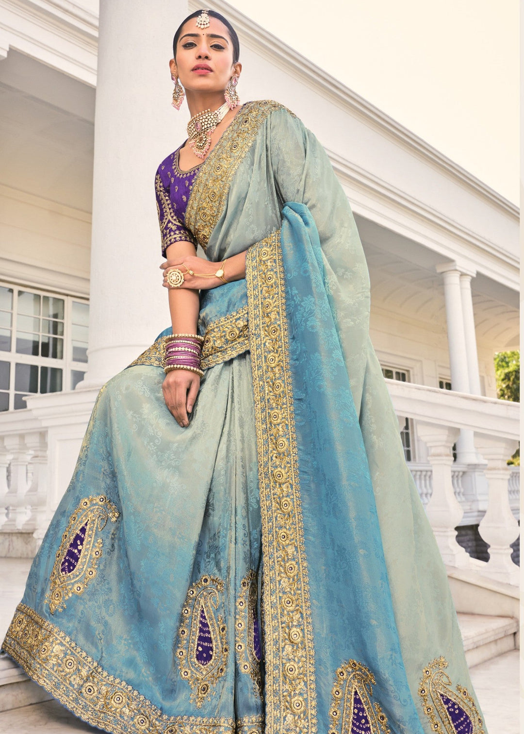 Grey Blue Crepe Silk Saree