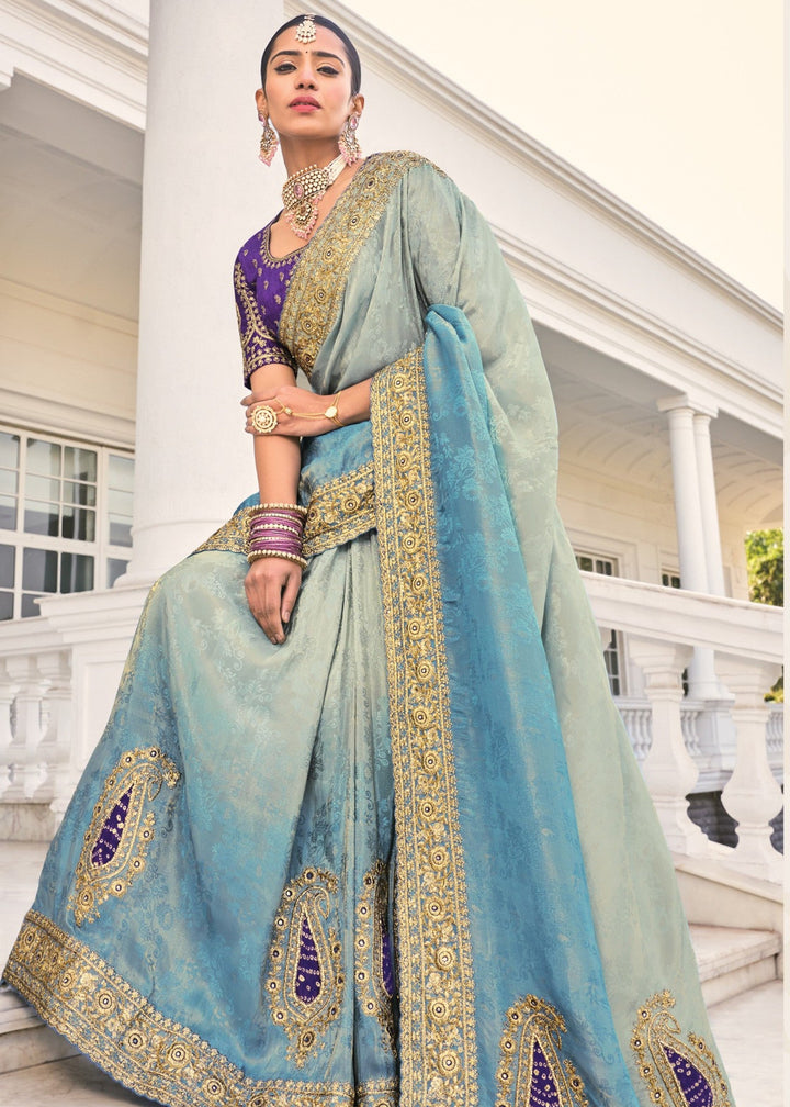 Grey Blue Crepe Silk Saree