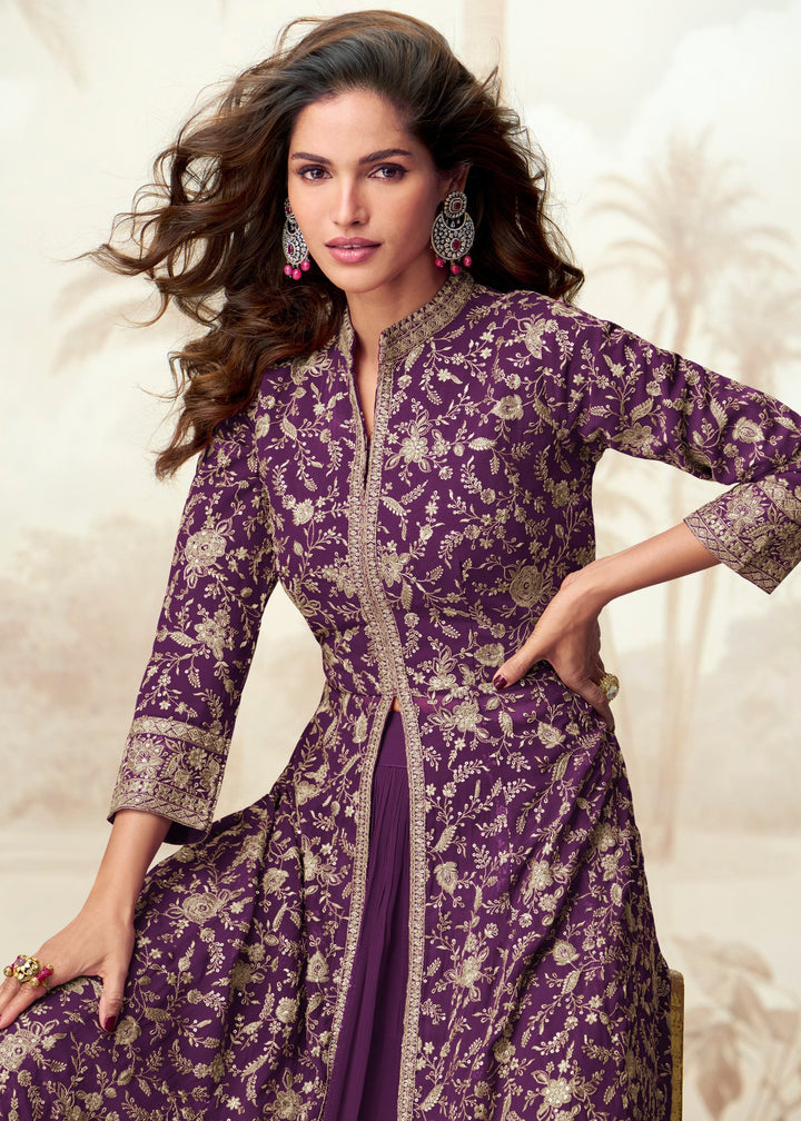 Irish Purple Georgette Anarkali Slit Cut Suit With Thread Embroidered Work