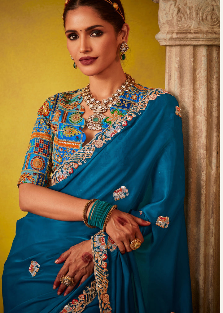 Teal Blue Glass Tissue Silk Saree