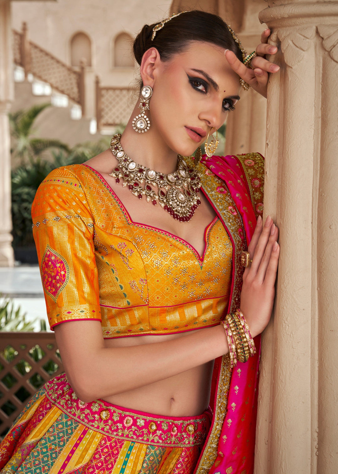 Bright Yellow Banarasi Silk Lehenga with Zarkan & Cutwork