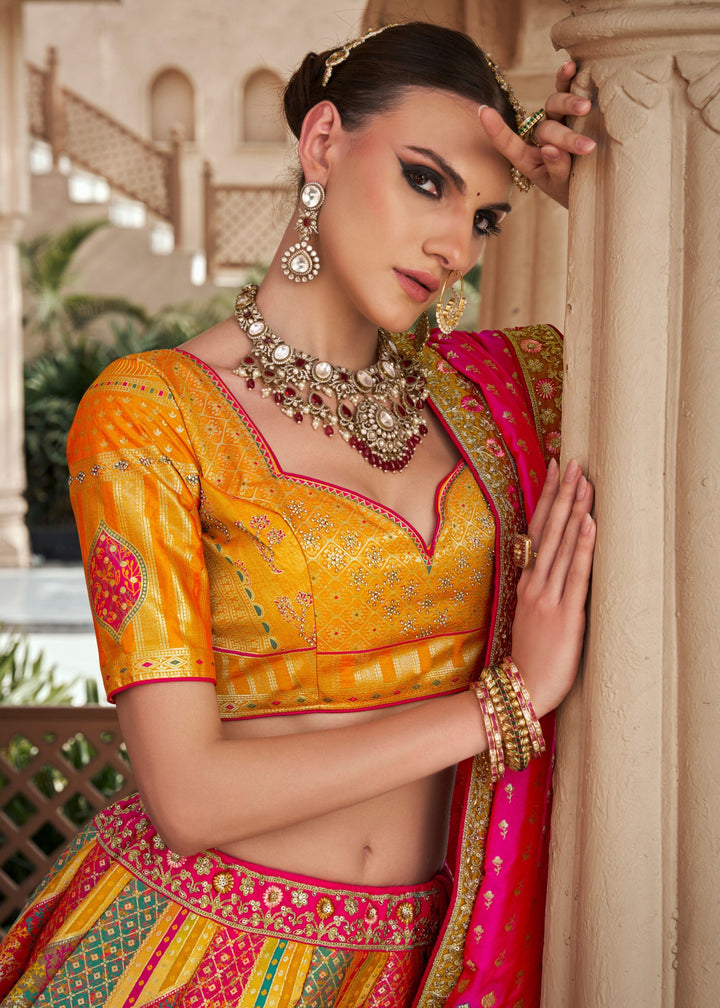 Bright Yellow Banarasi Silk Lehenga with Zarkan & Cutwork