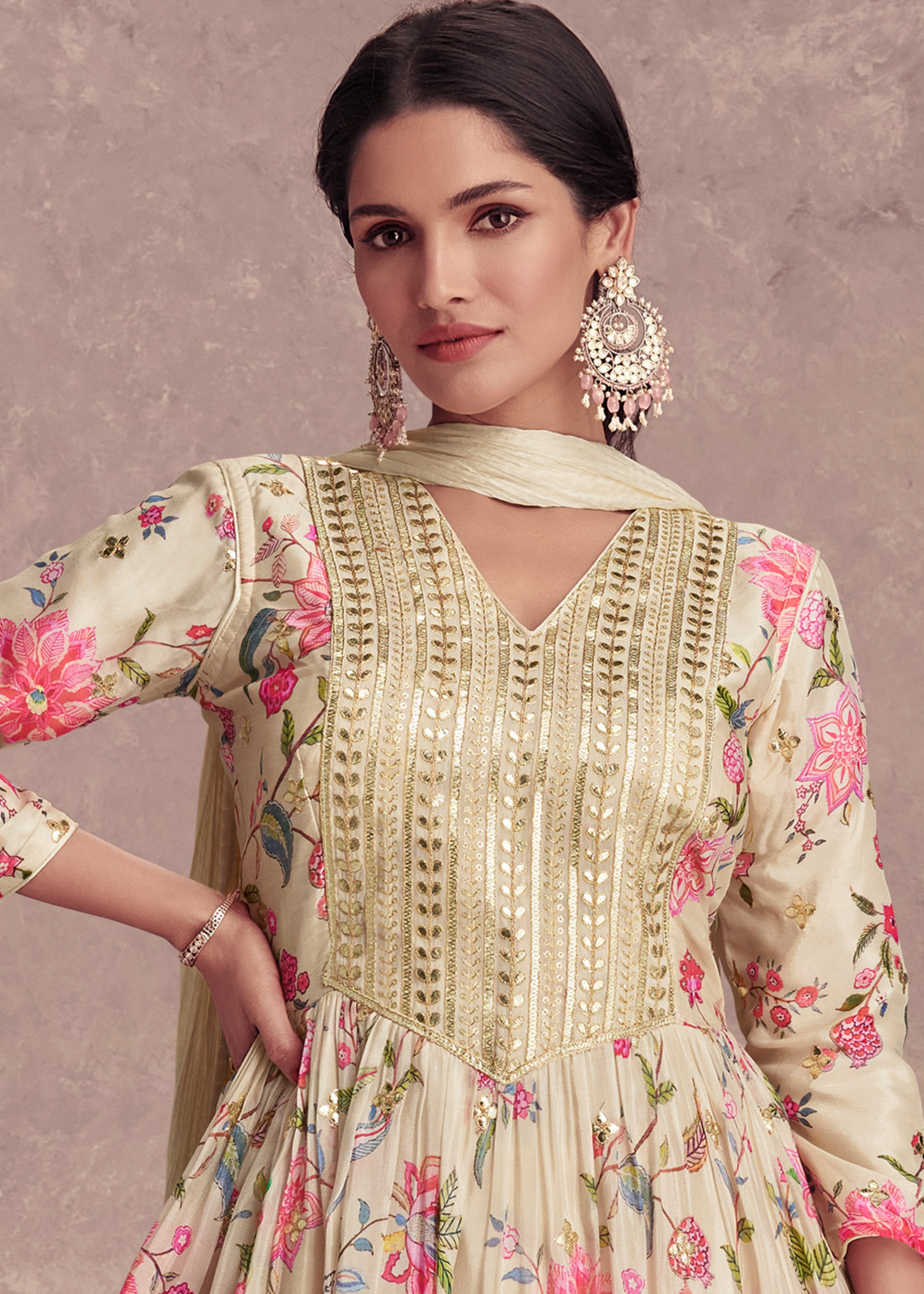 Tea Green Digital Floral Printed Chinon Suit with Embroidery work