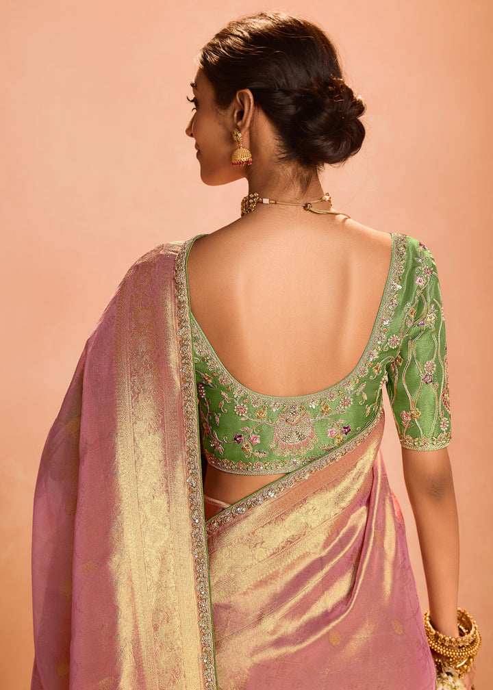 Rose Pink Zari Tissue Silk Saree With Weaving Work And Heavy Embroidery Lace : Top Pick
