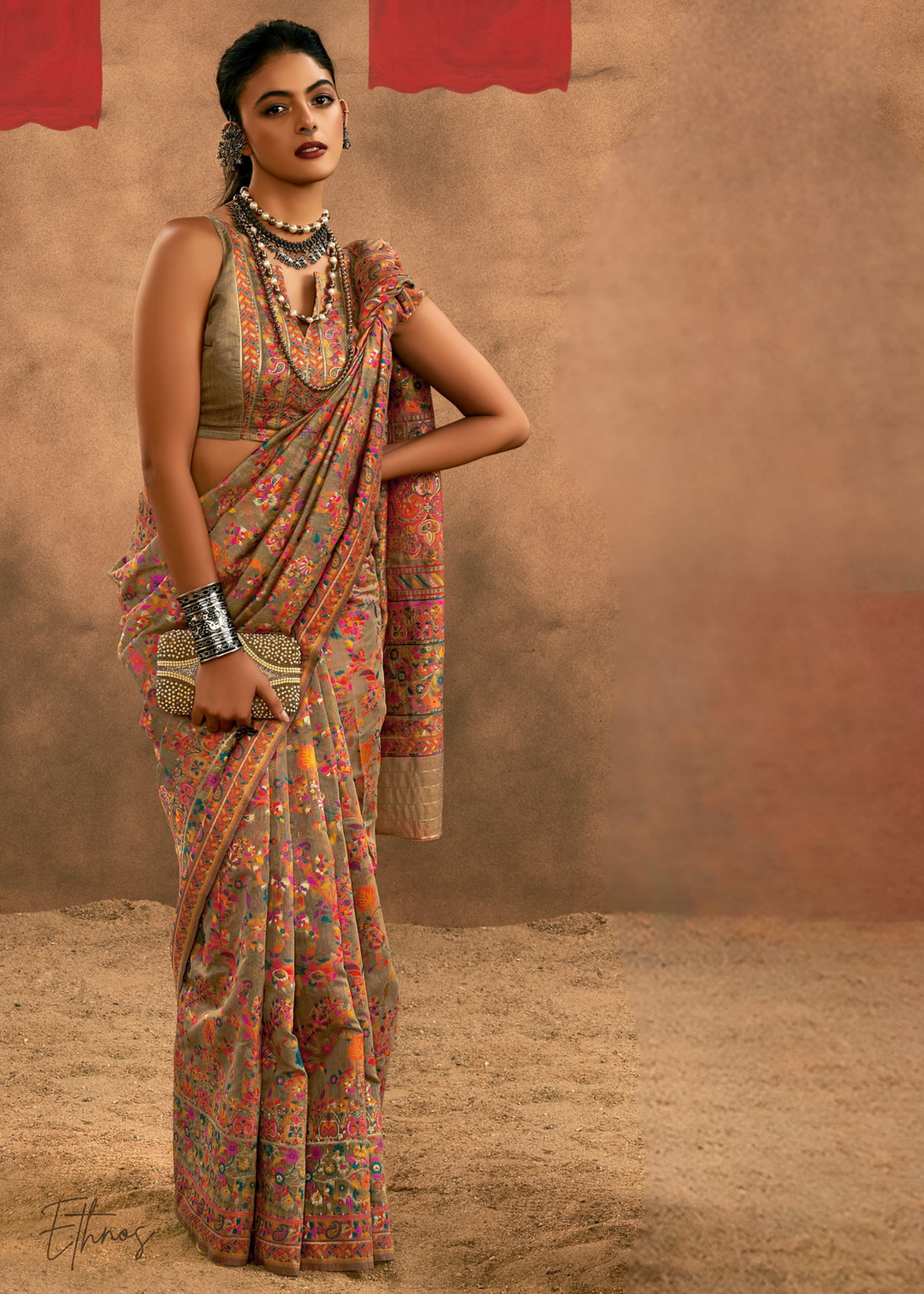 Olive-Taupe with Multicolour Kashmiri Floral Weaving Saree