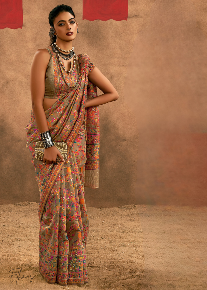 Olive-Taupe with Multicolour Kashmiri Floral Weaving Saree