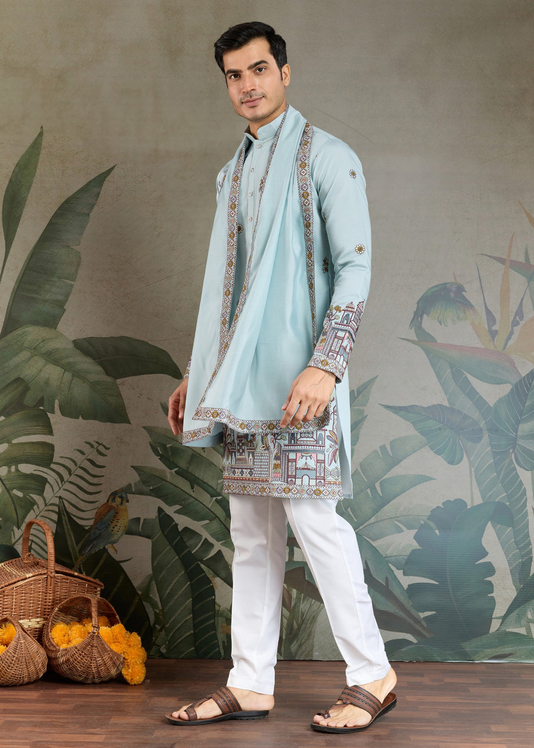 Light Blue Viscose Silk Kurta Set With Thread & Sequins Embroidered Work