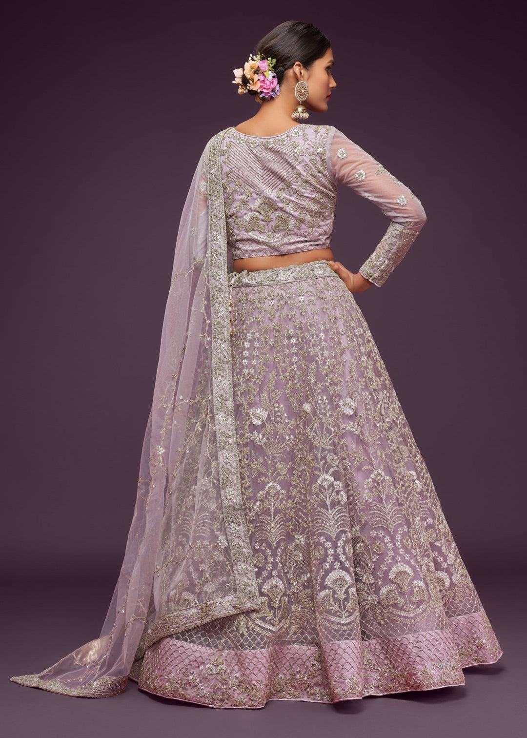 Dusky Orchid Soft Net Lehenga with Thread, Zari, Badla and Glitter Dori Embroidery Work