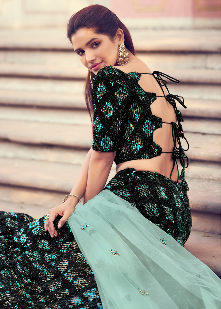 Black & Green Designer Lehenga Choli with Sequins work