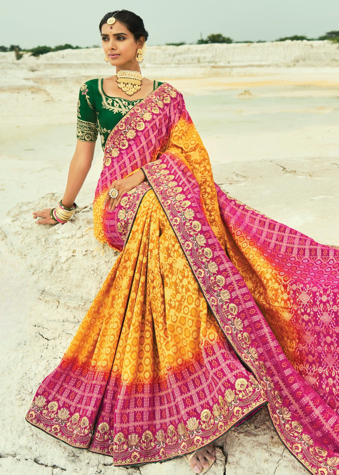 Yellow & Pink Georgette Bandhej Saree