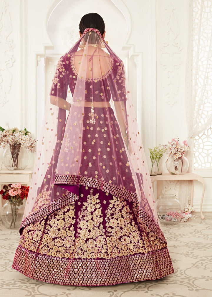 Purple Bridal Pure Velvet Zari And Sequins Embroidery Lehenga