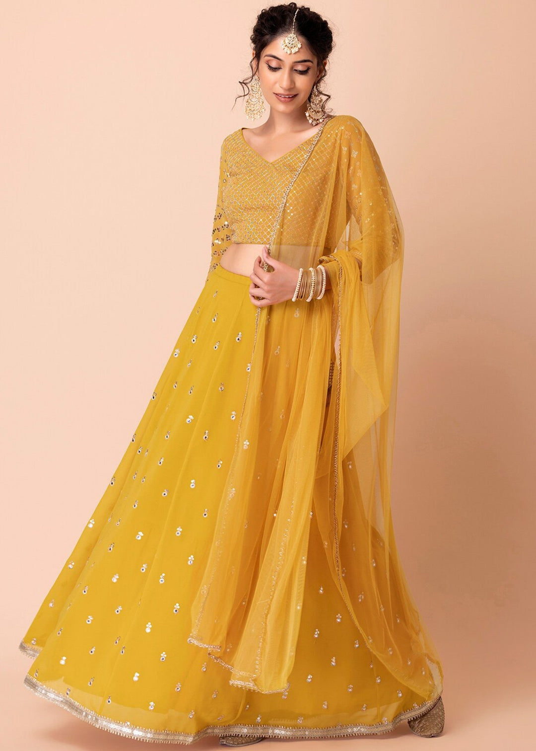 Mustard Yellow Georgette Lehenga Choli With Sequins Zari Embroidered Work