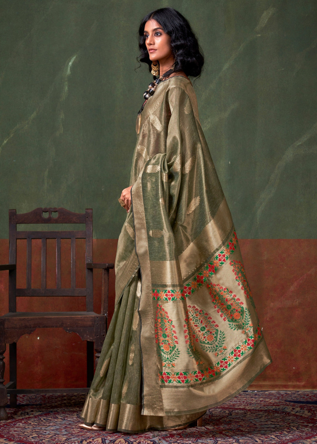 Verdun Green Paithani Tissue Silk Saree With Zari Work