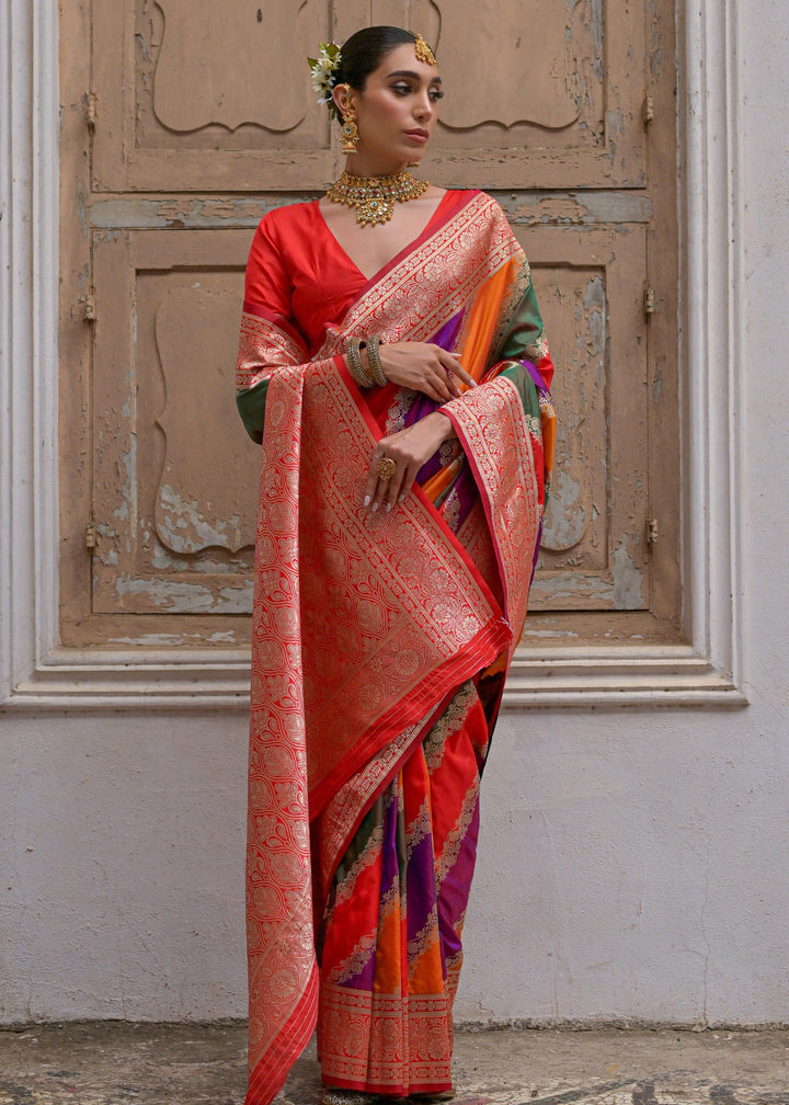 Red Leriya Zari Woven Saree With Contrast Pallu