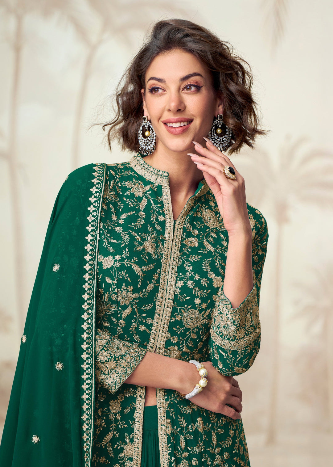 Hunter Green Georgette Anarkali Slit Cut Suit With Thread Embroidered Work