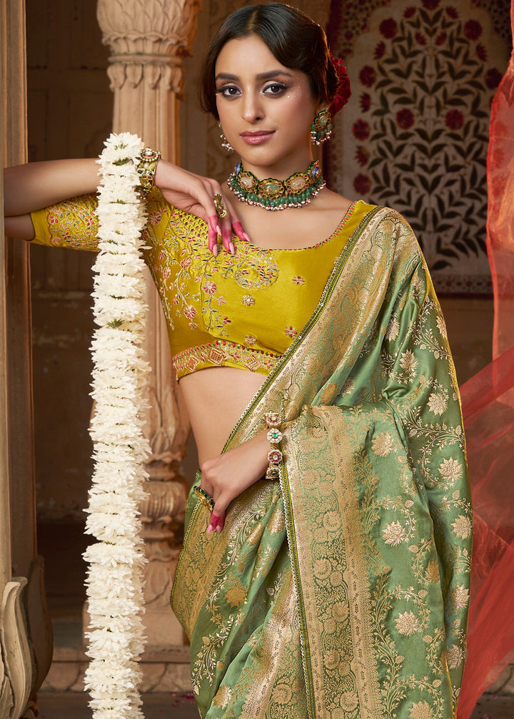 Paris Green Satin Silk Saree