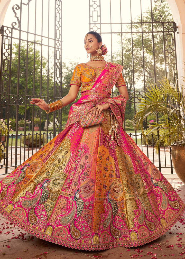 Hot Pink Base Banarasi Silk Lehenga With Gold Brocade And Golden Zari Work