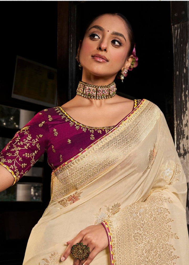 Cream Soft Dola Viscous Silk with 3d Weaved Pallu and contrast blouse Saree