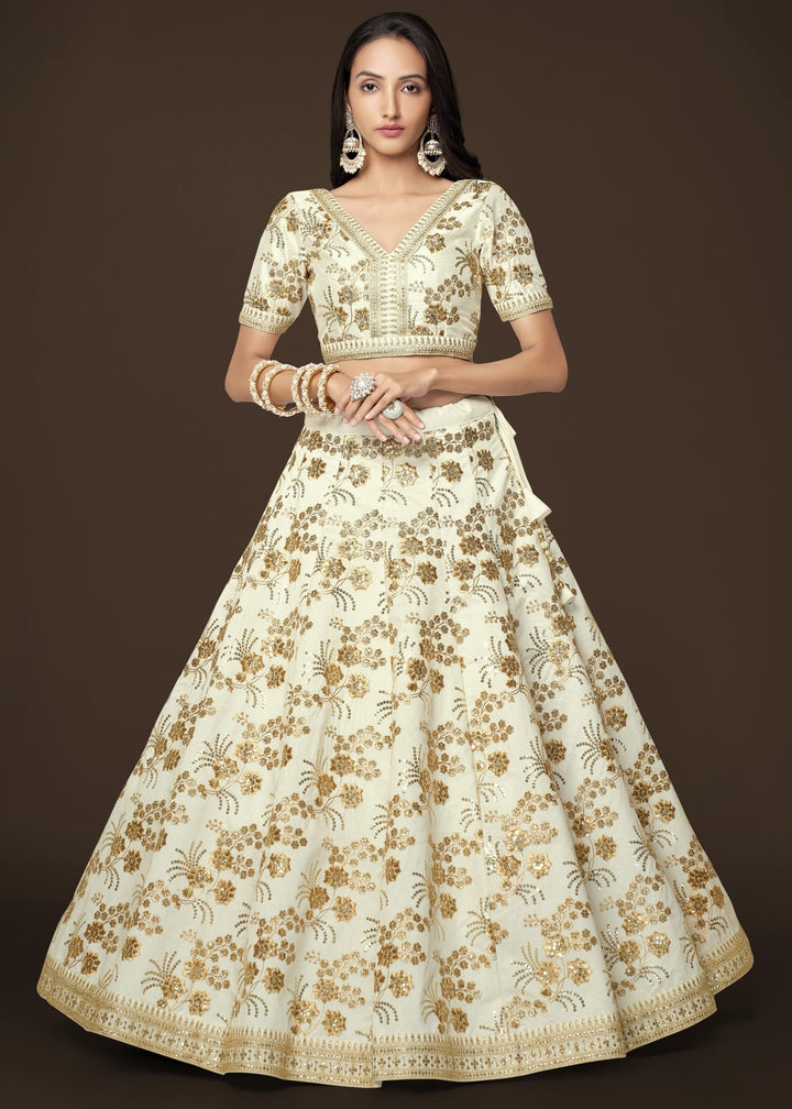White Slub Silk Lehenga with Zari Sequins and Dori Embroidery Work