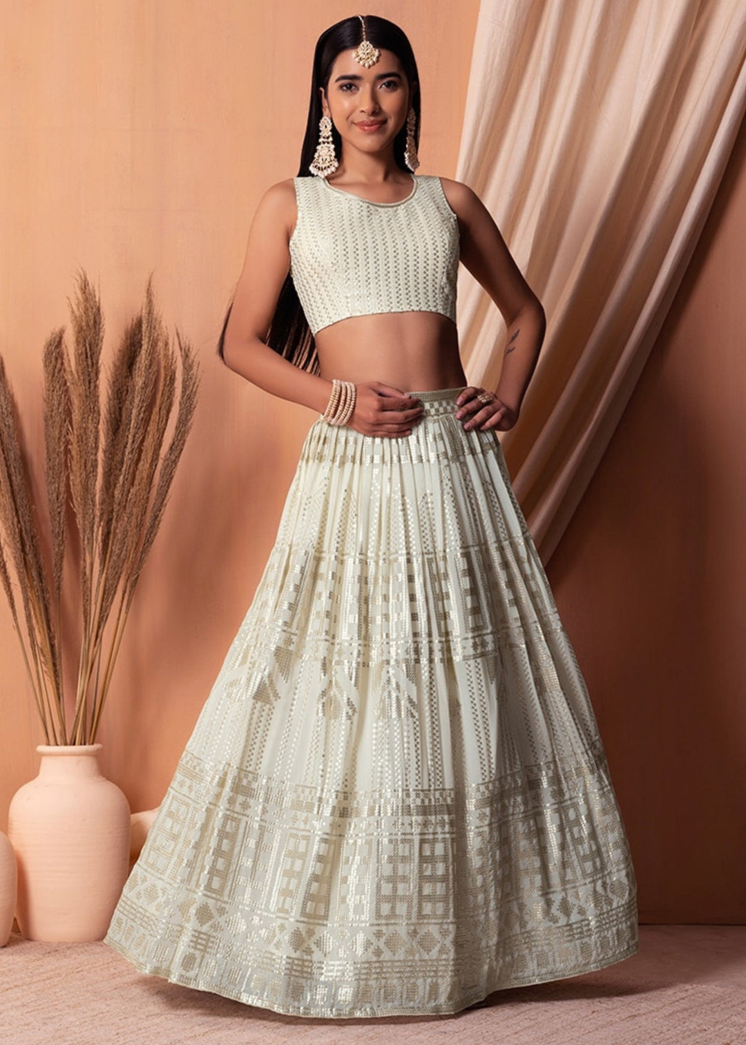 Off White Georgette Lehenga Choli With Sequins And Thread Embroidery Work