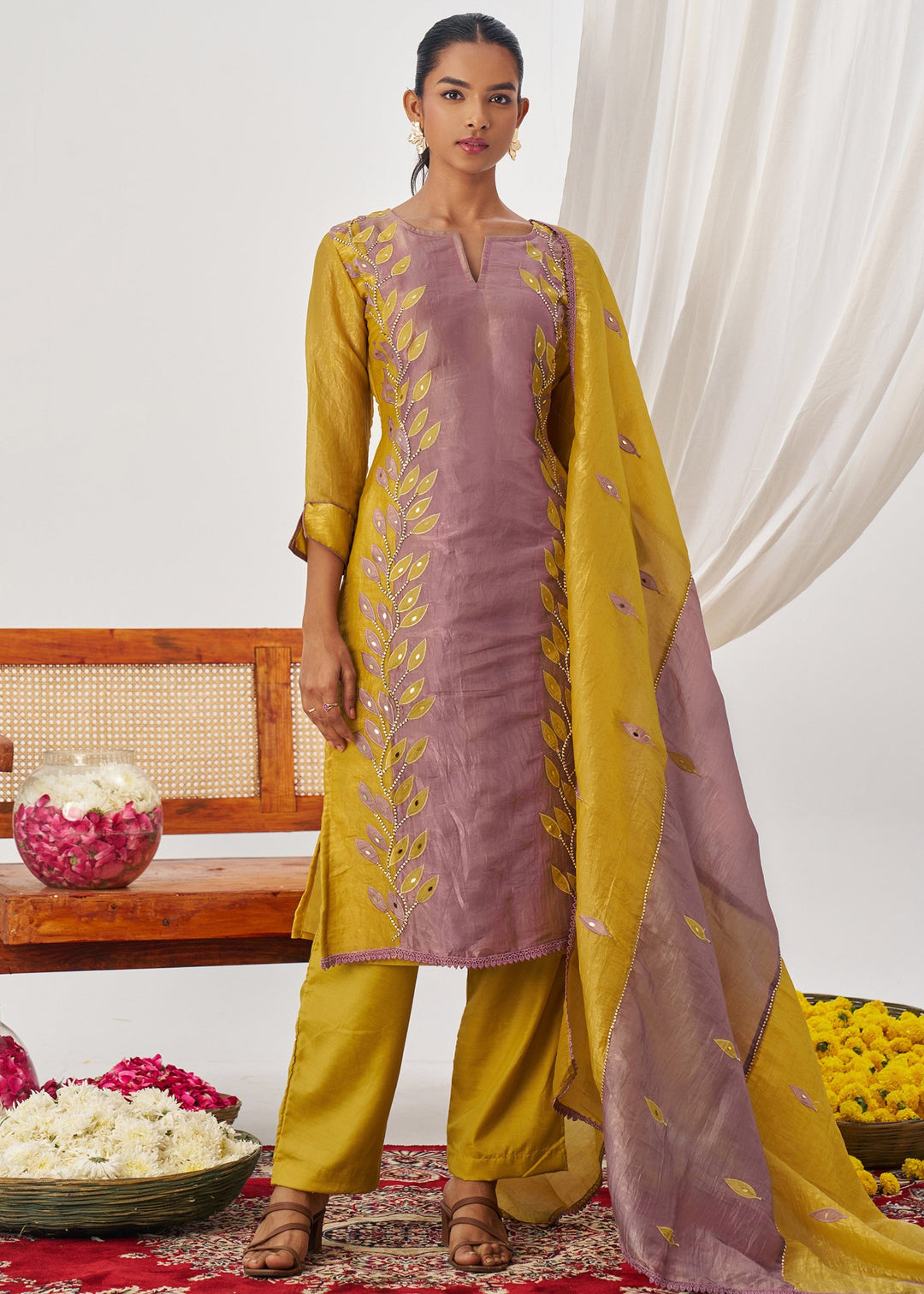 Mustard Yellow Silk Pant Suit With Embroidery Work