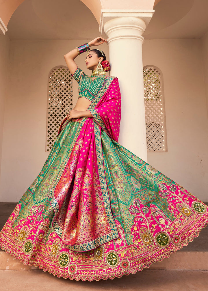Sea Green Base Banarasi Silk Lehenga And Golden Zari Work