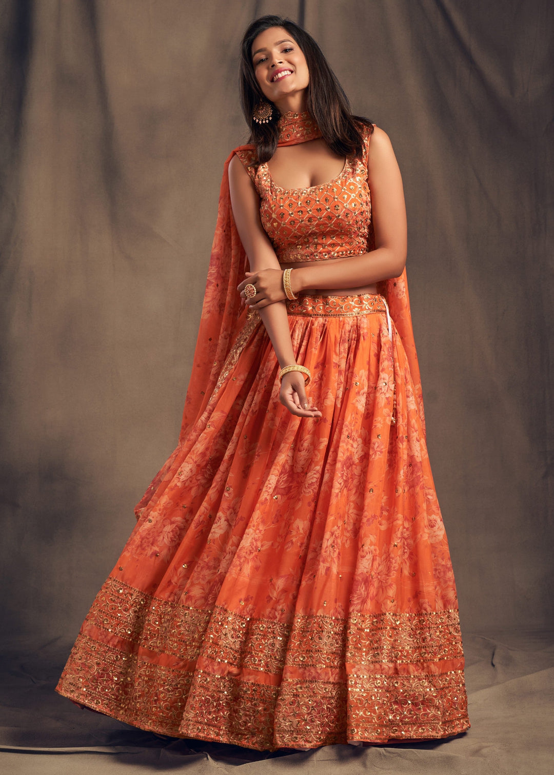 Orange Organza Lehenga with Dupatta