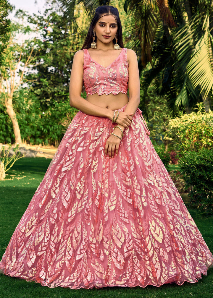 Baby Pink Net Lehenga Choli With Multiple Sequins And Thread Embroidery Work