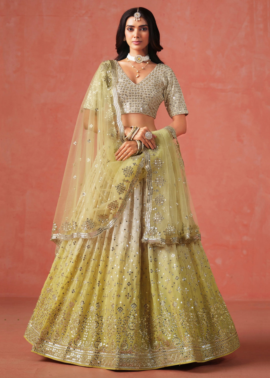 Yellow Sequins Zari Embroidered Work Georgette Lehenga