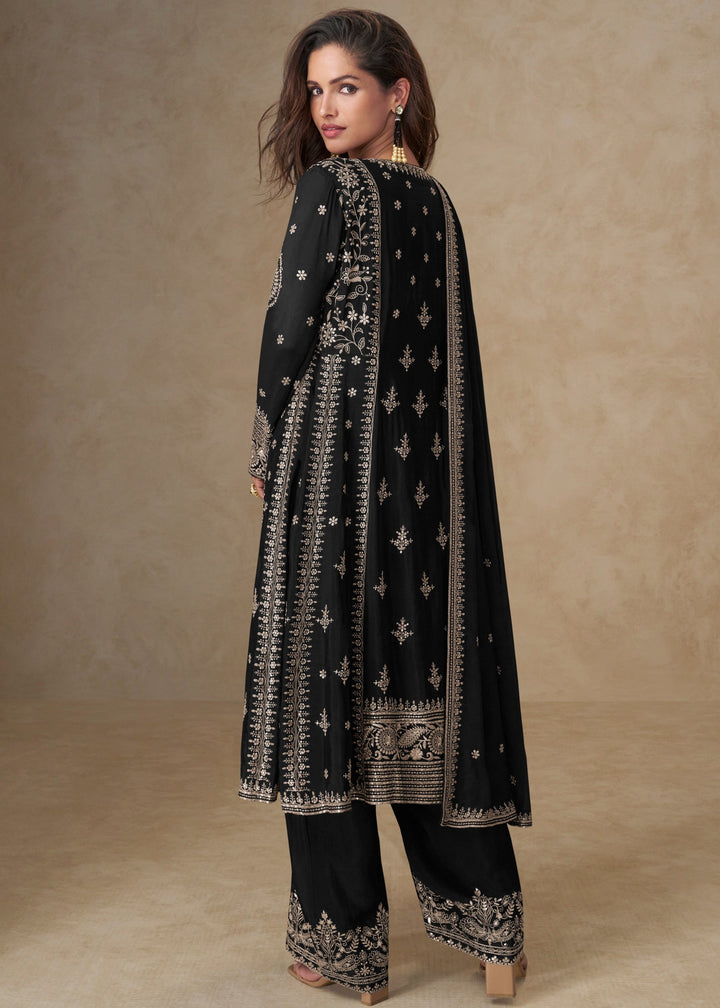 Raven Black Chinon Silk Suit With Embroidery Work