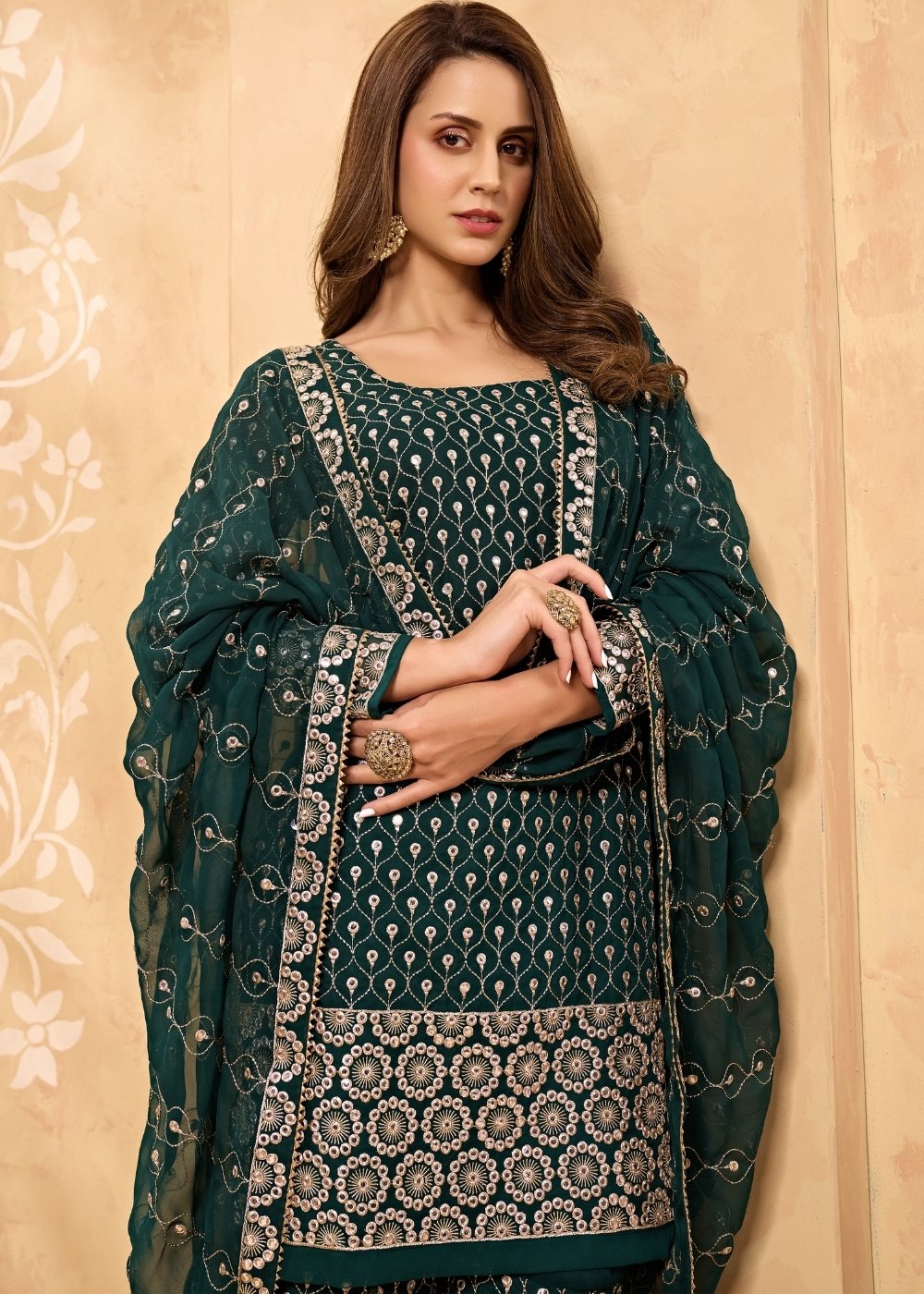 Sacramento Green Georgette Metti with Zari work Sharara Suit