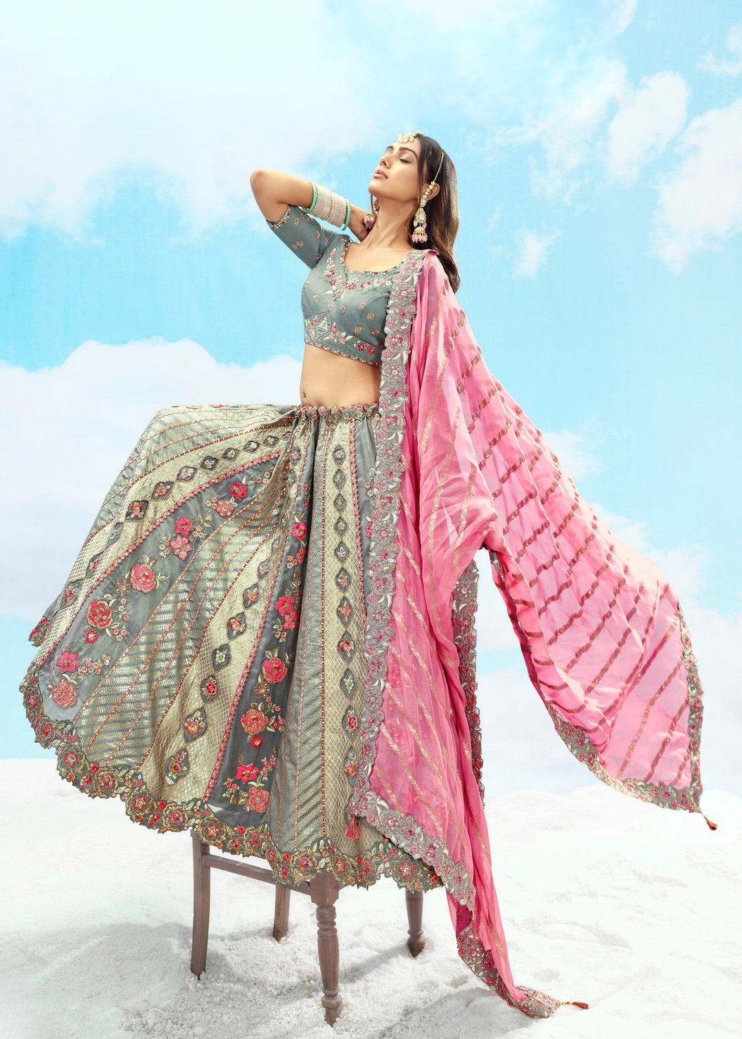 Grey and Pink Silk Lehenga With Cut Work Border