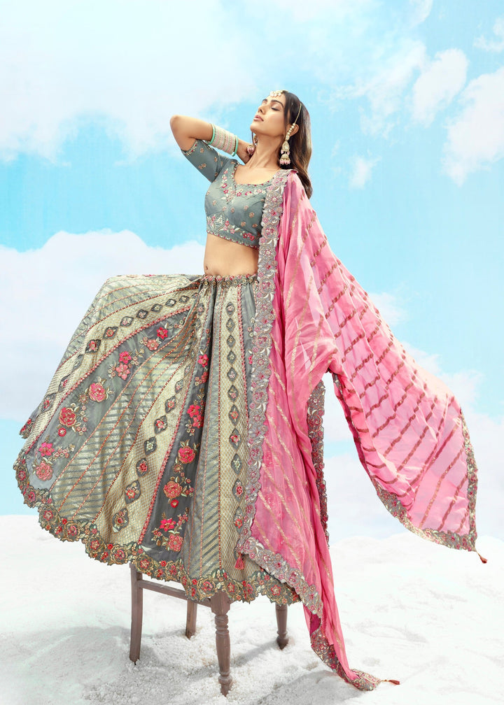 Grey and Pink Silk Lehenga With Cut Work Border