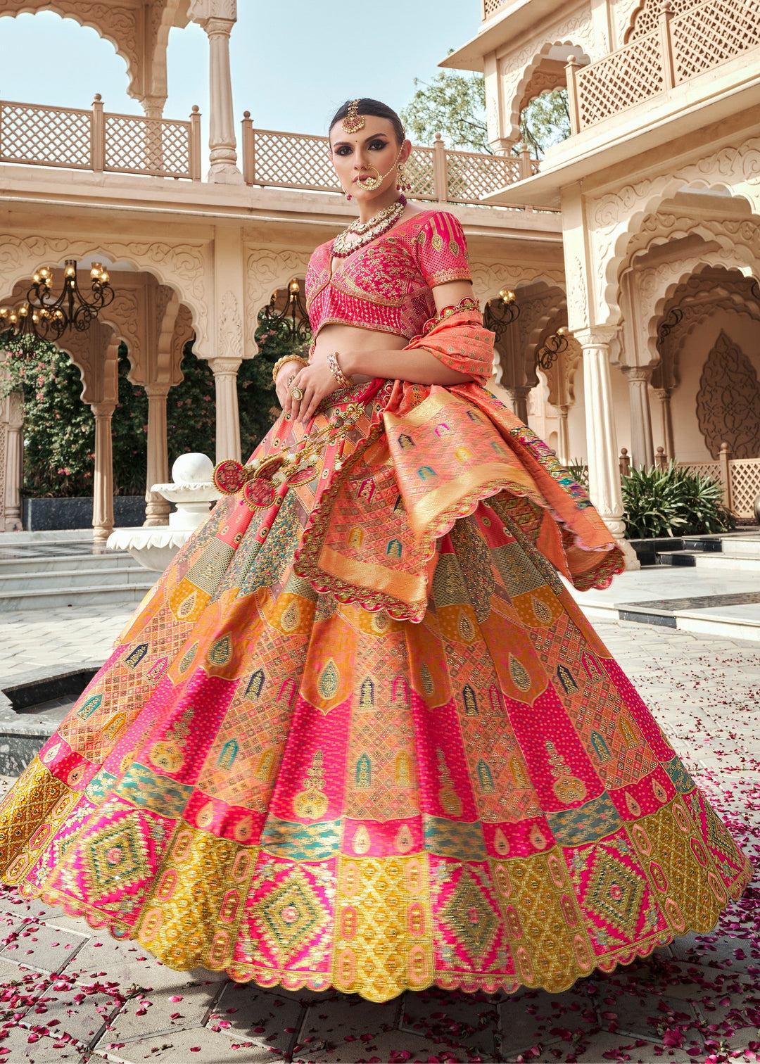 Coral Pink Banarasi Silk Lehenga with Zarkan & Cutwork