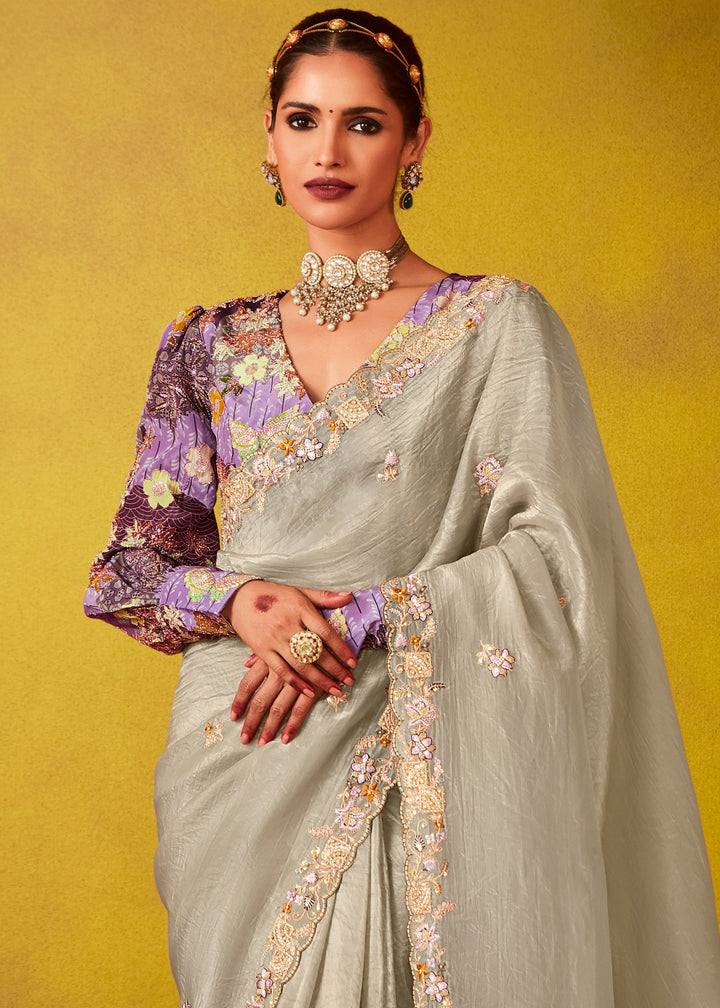 Rhino Grey Glass Tissue Silk Saree