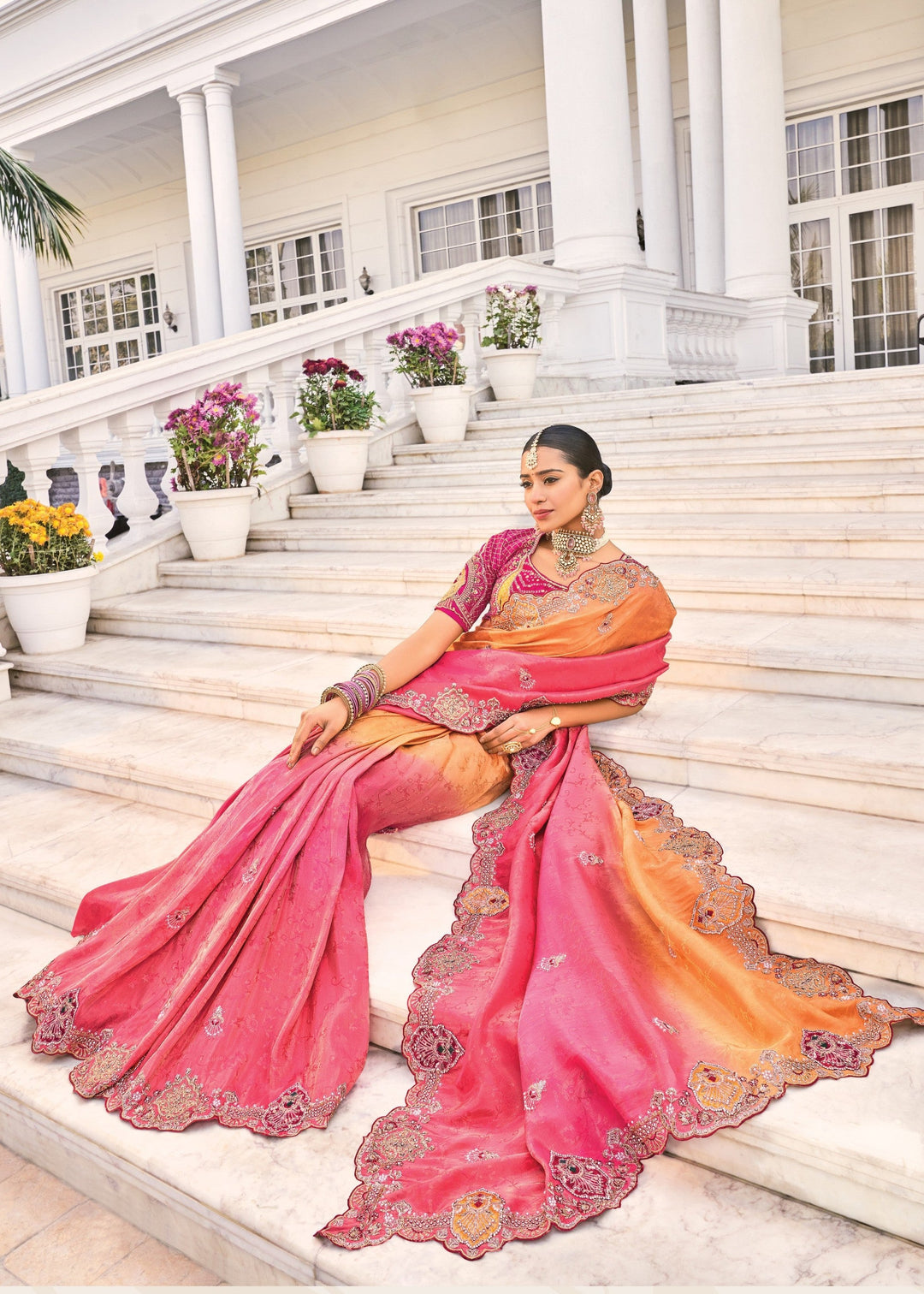 Orange Pink Crepe Silk Saree