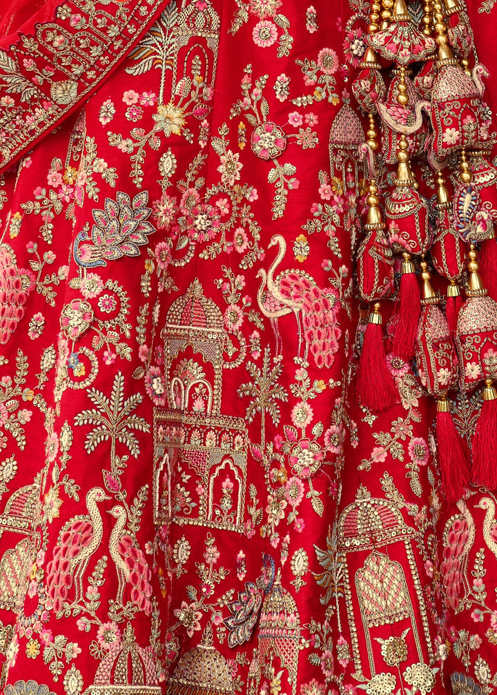 Bright Red Heavy Bridal Silk Lehenga With Khatli And Embroidery Work