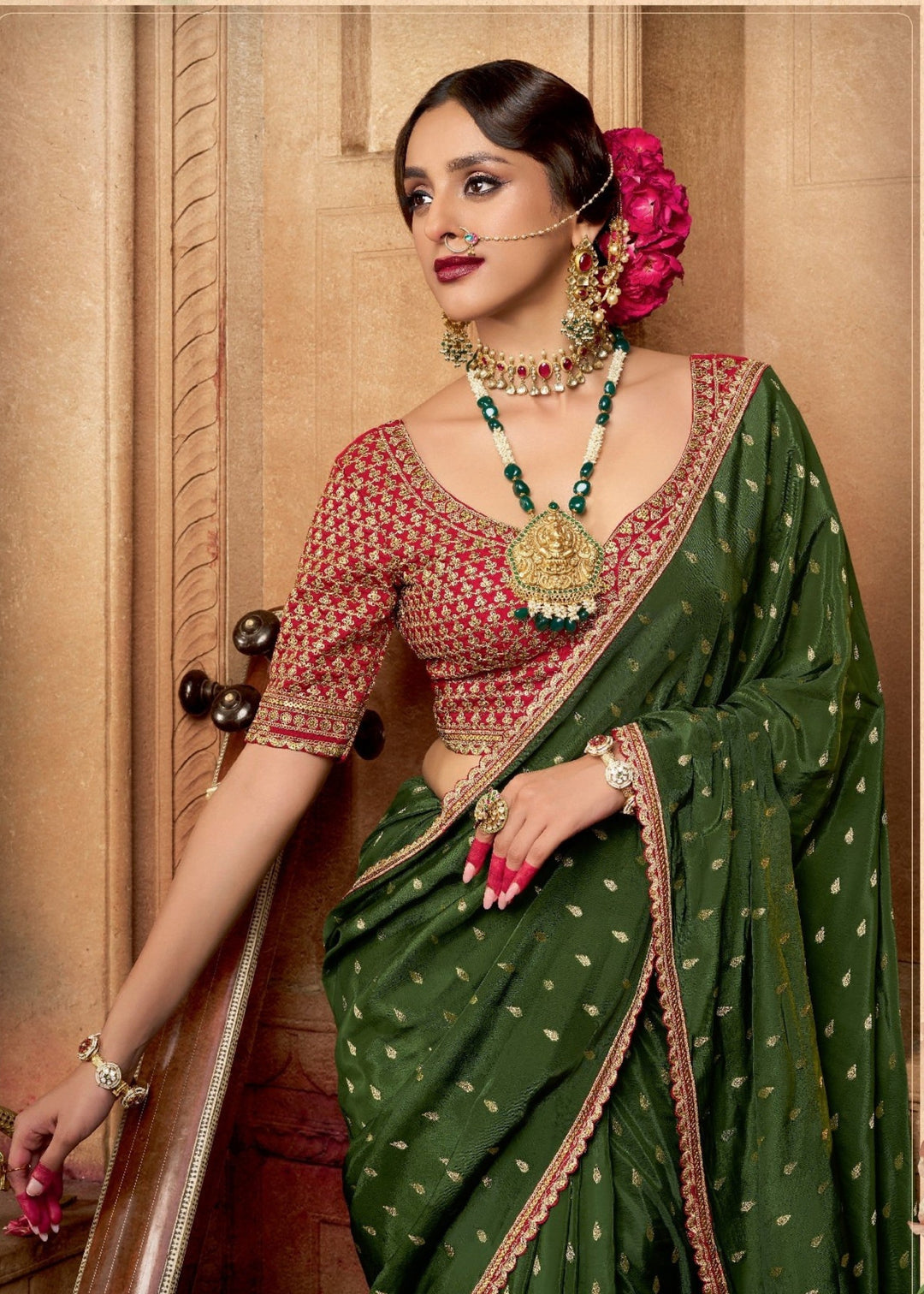 Mehendi Viscose Crepe Silk Saree