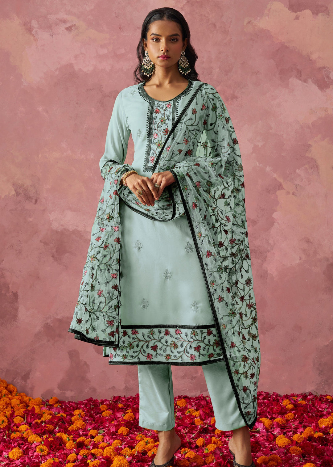 Aqua Blue Georgette Suit With Thread Embroidered Work