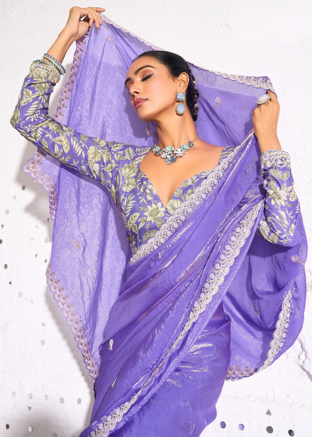 Amethyst Purple Gold Crush Tissue Silk Saree With Beautiful Blouse