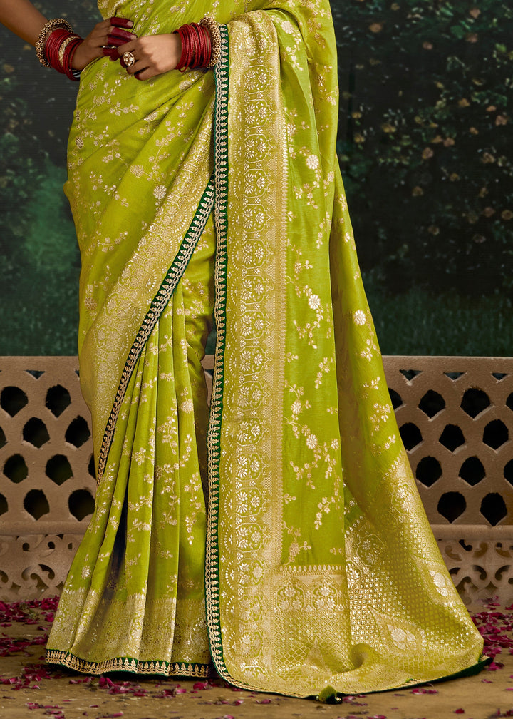 Lime-green and Dark-green Viscose silk Saree