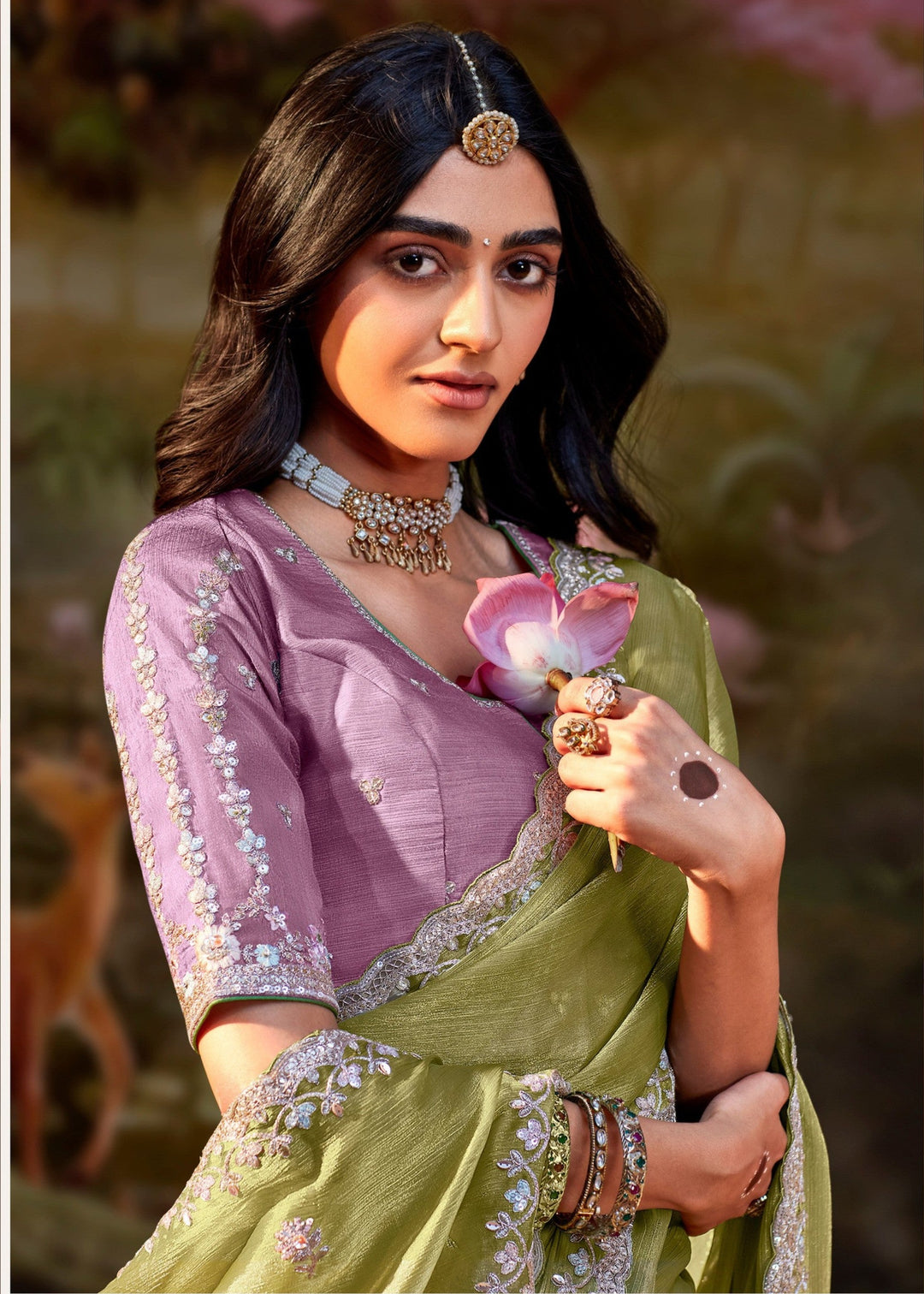 Lavender And Olive Green Cotton Silk Saree
