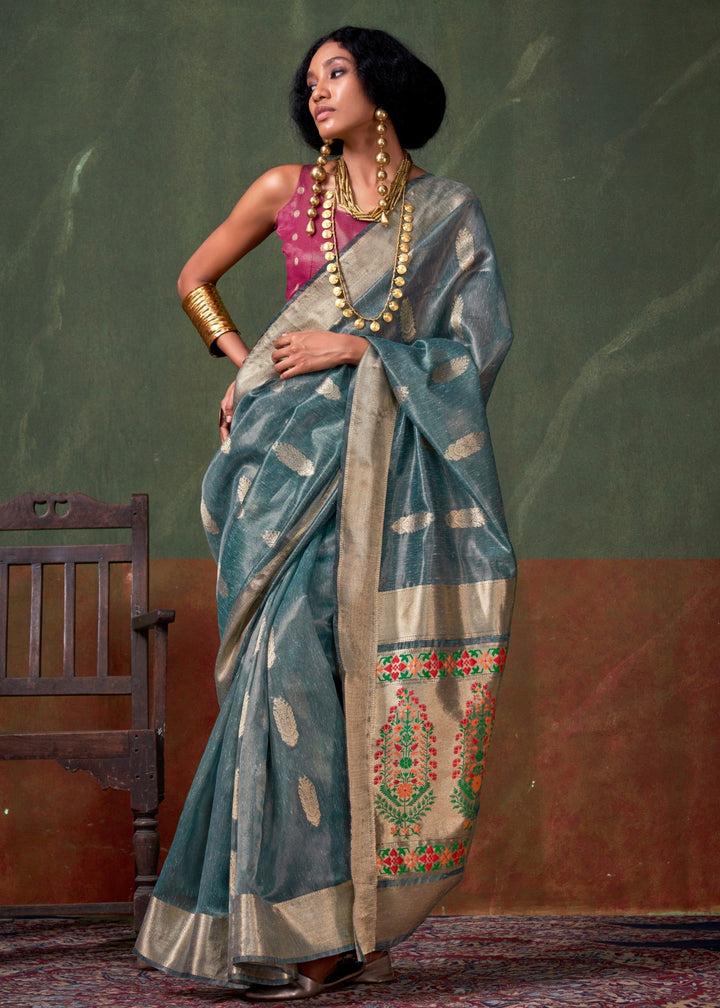 Persian Blue Paithani Tissue Silk Saree With Zari Work