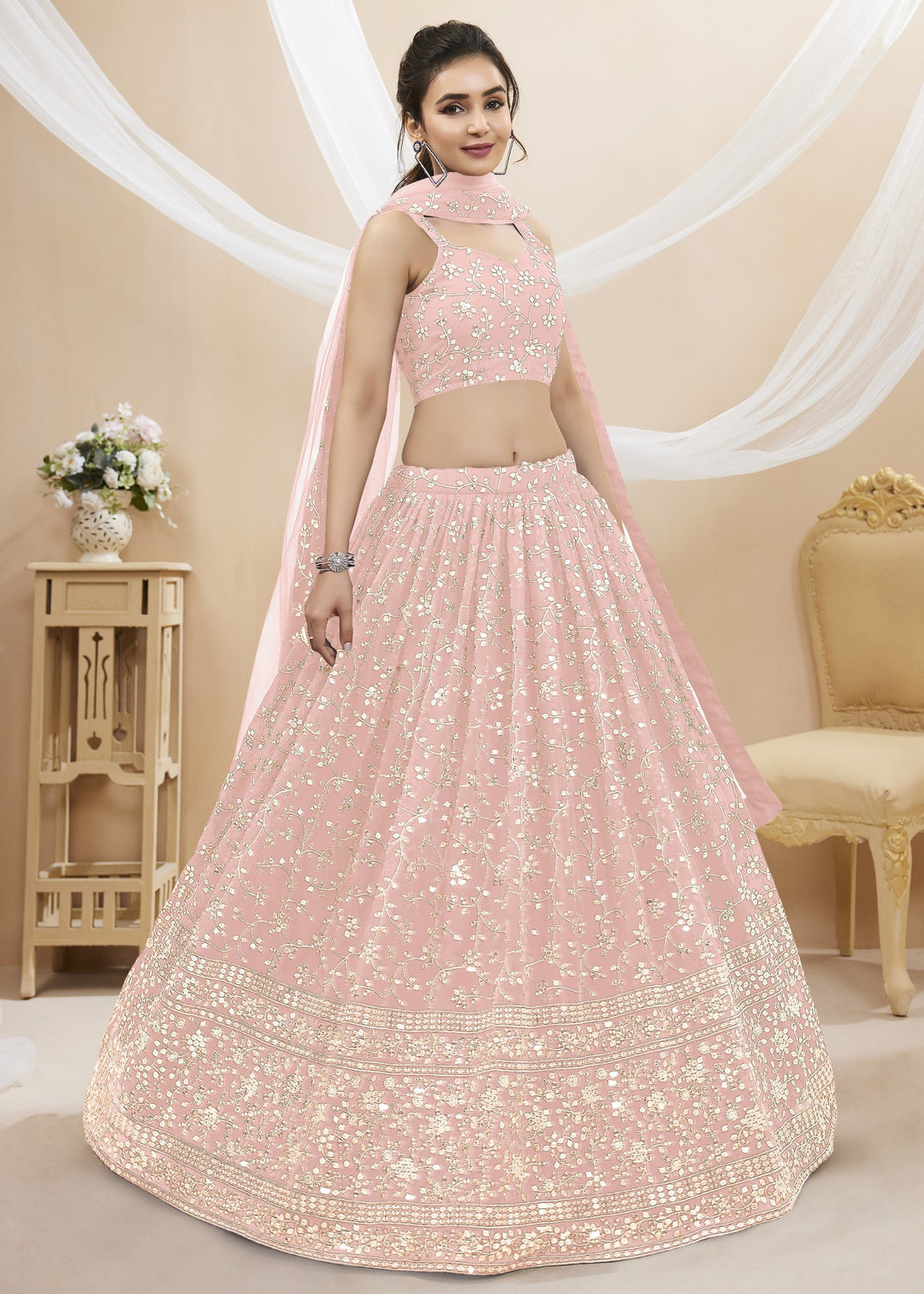Blush Pink Georgette Lehenga Choli With Sequins Zari Embroidered Work