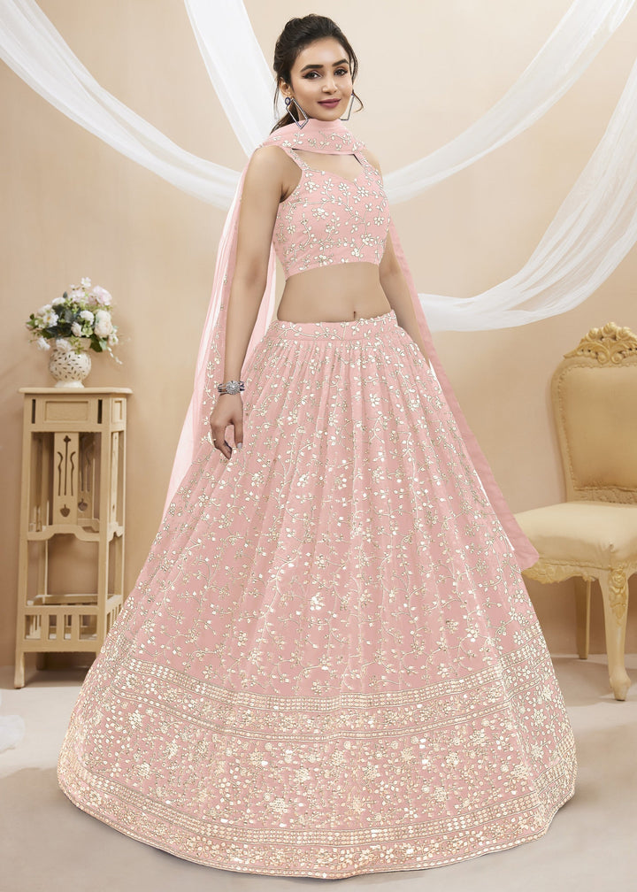 Blush Pink Georgette Lehenga Choli With Sequins Zari Embroidered Work