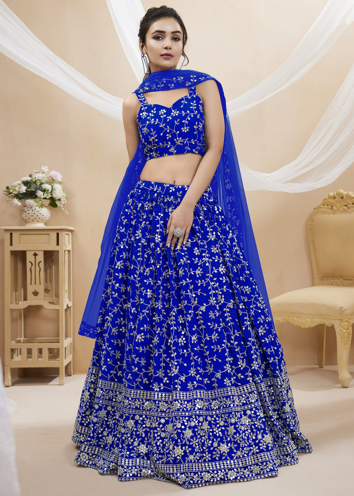 Cobalt Blue Georgette Lehenga Choli With Sequins Zari Embroidered Work